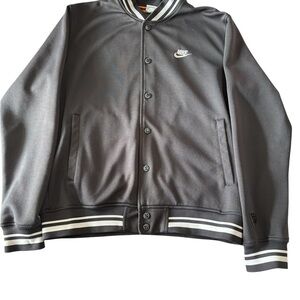 Nike Men's Baseball Varsity Jacket Large Gray Snap Up Retro Striped Detail Logo